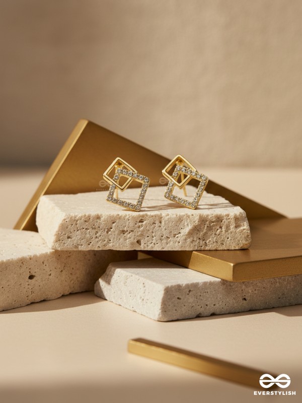Snarled Squares- CZ Stones Studded Golden Earrings