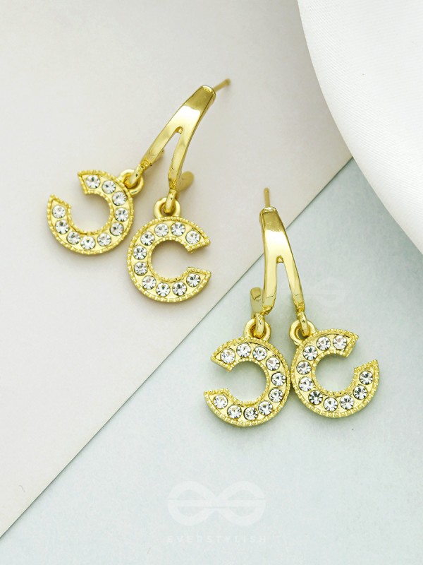 I 'C' You- Rhinestones Encrusted Golden Earrings