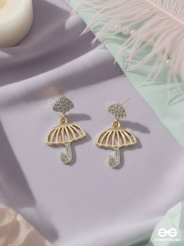 Rainy Day- CZ Stones Studded Golden Umbrella-Shaped Earrings