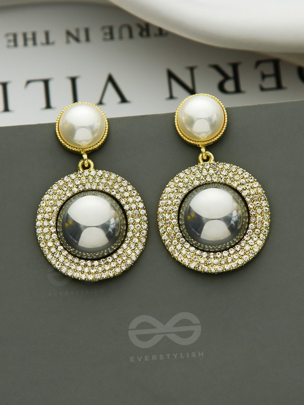 The Ashen Sun- Rhinestones Studded Grey and White Pearl Earrings
