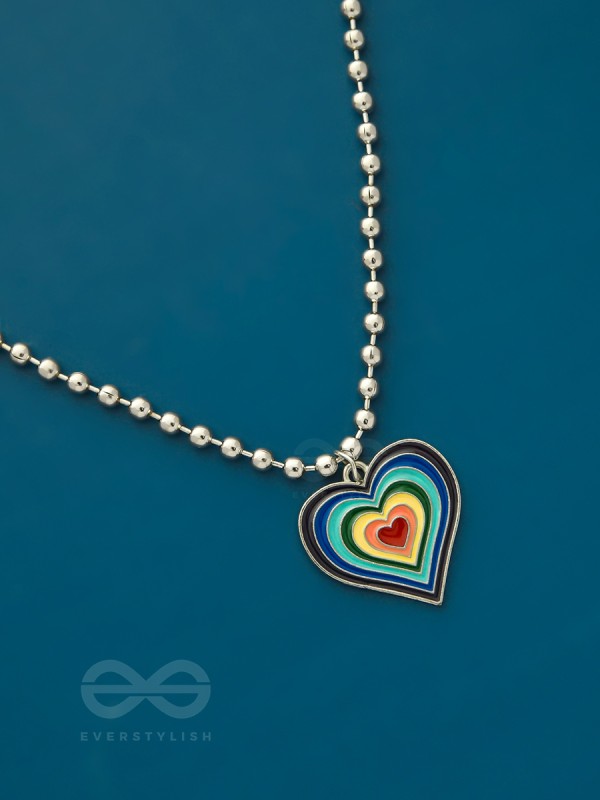 Rainbow-Hued Heart- Multicolored Silver Necklace