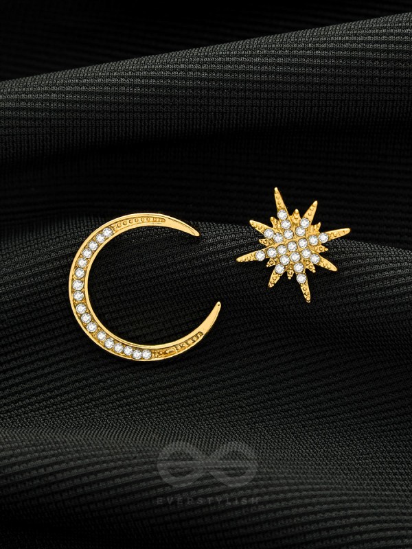 Ethereal Enchantment- Moon and Star Shaped Rhinestones Studded Golden Earrings