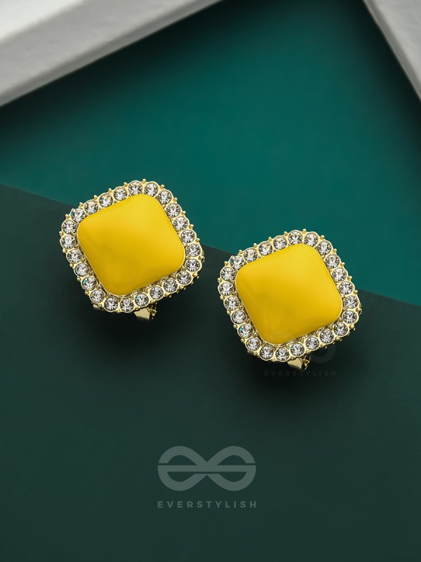 The Flaming Cube- Golden Rhinestones Earrings (Bright Yellow)