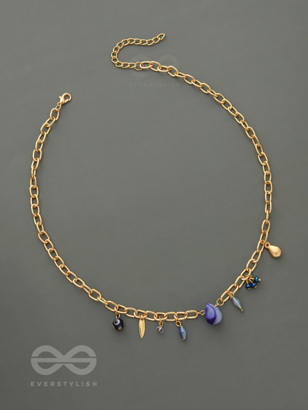Fragments of the Sky- Blue Crystals Studded Golden Necklace