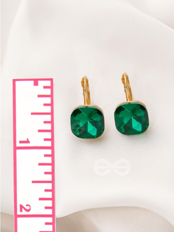The Ice Cube- Crystal Golden Earrings (Juniper Green)