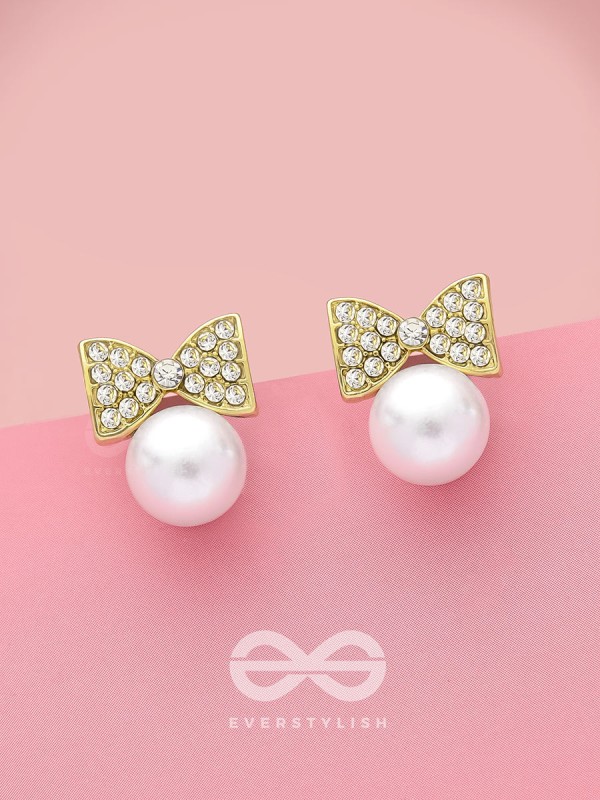 Bow-Toons- Golden Rhinestones and Pearl Earrings