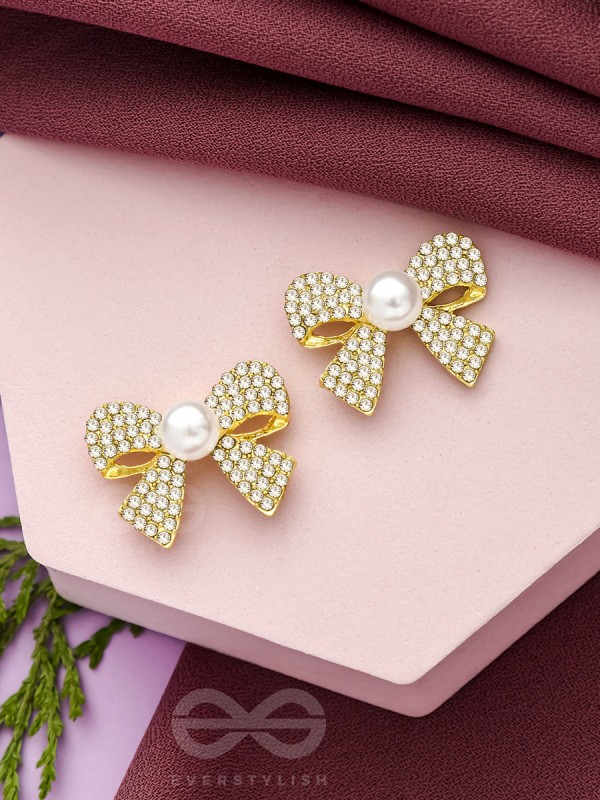 The Glassy Bowknots- Golden Rhinestones Earrings
