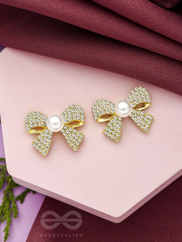 The Glassy Bowknots- Golden Rhinestones Earrings