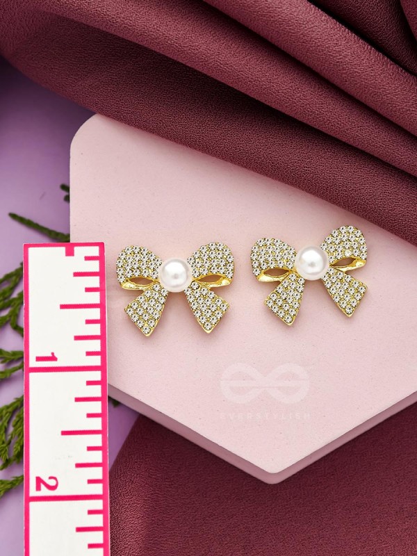The Glassy Bowknots- Golden Rhinestones Earrings
