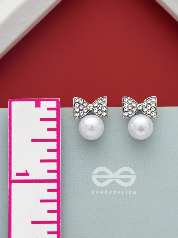 Bow-Toons- Silver Rhinestones and Pearl Earrings