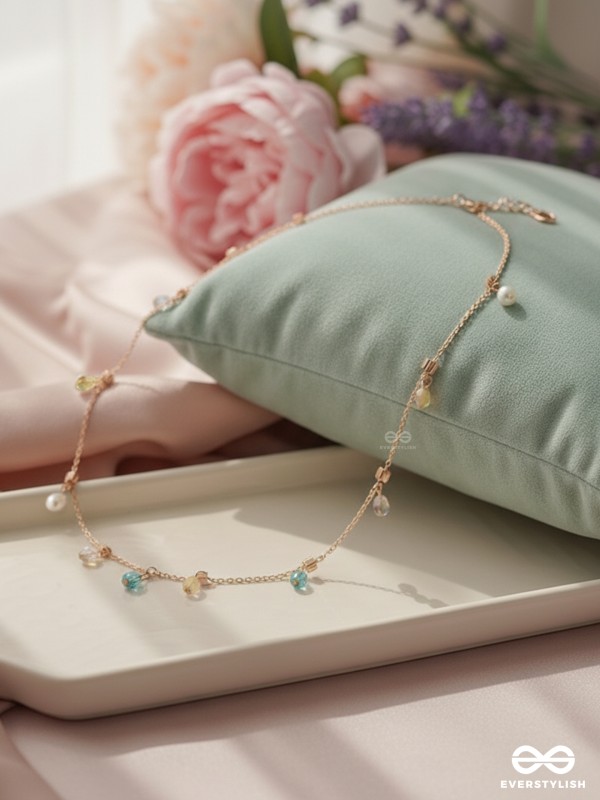 Rain In Paradise- Pearls And Crystals Studded Golden Necklace With Anti-Tarnish Coating