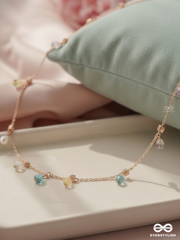 Rain In Paradise- Pearls And Crystals Studded Golden Necklace With Anti-Tarnish Coating