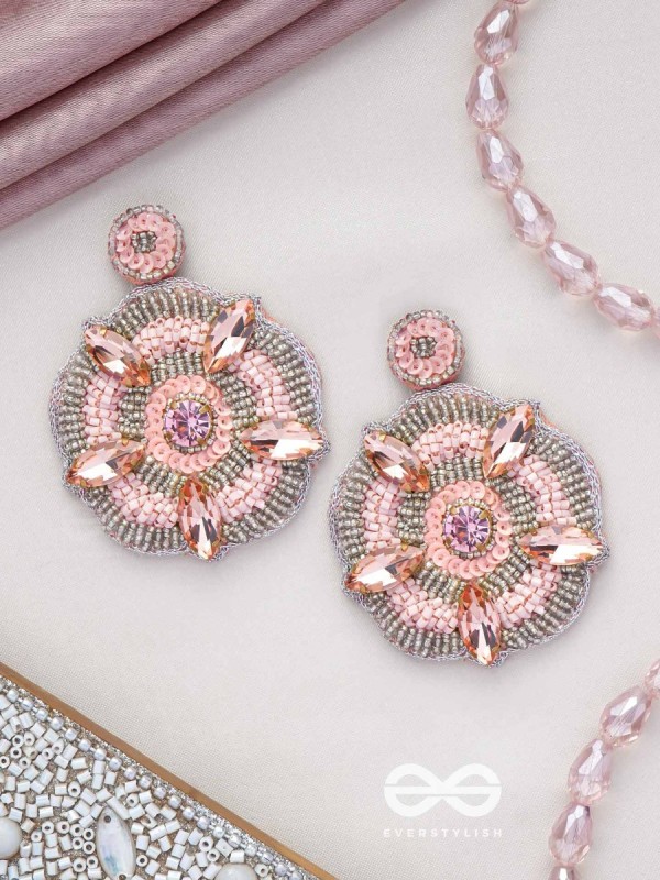 UTTMANSH- THE FASCINATING FLOWER- STONE AND BEADS EMBROIDERED EARRINGS (PALE PINK)