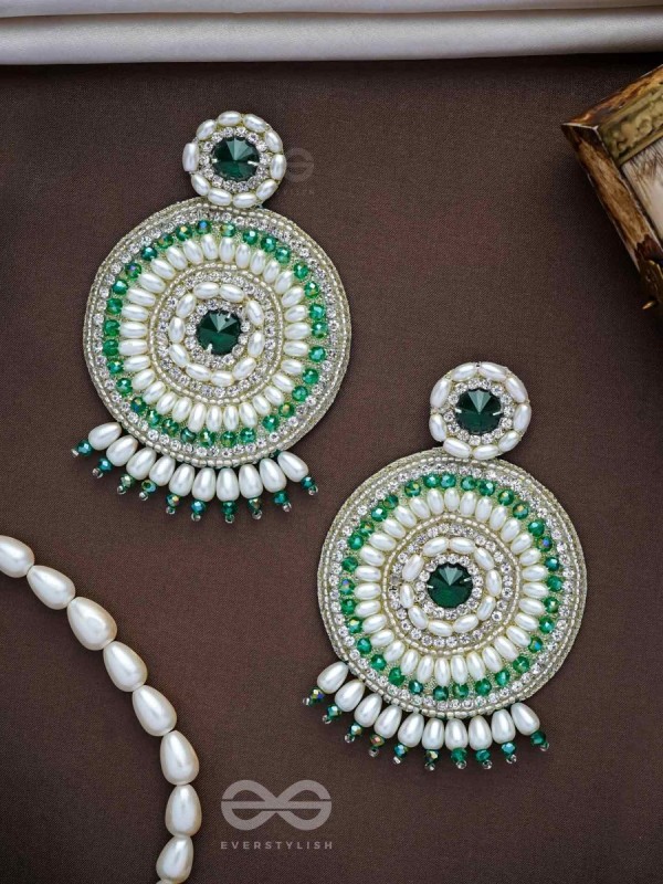Advaita- The Unique Sphere- Emerald Green Stone, Pearls, and  Glass Beads Embroidered Earrings
