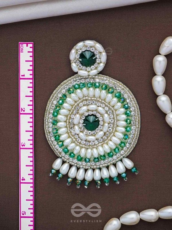 Advaita- The Unique Sphere- Emerald Green Stone, Pearls, and  Glass Beads Embroidered Earrings
