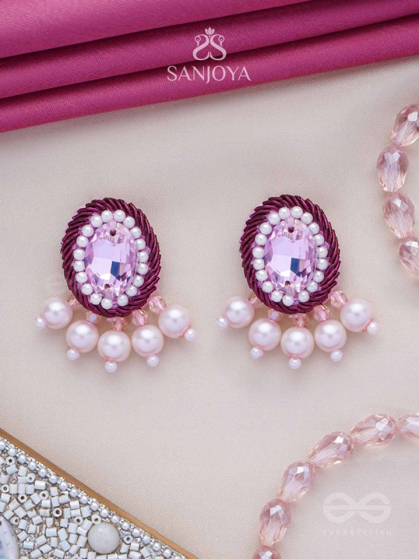  PANKEROOH- THE LOVELY LOTUS - PEARL AND STONE EMBROIDERED EARRINGS (BLUSH PINK & MAGENTA)
