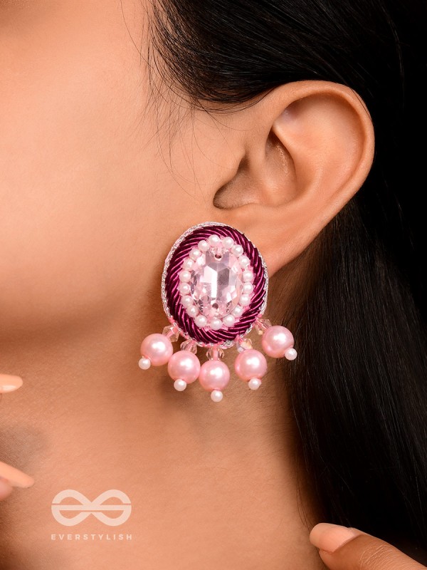  PANKEROOH- THE LOVELY LOTUS - PEARL AND STONE EMBROIDERED EARRINGS (BLUSH PINK & MAGENTA)