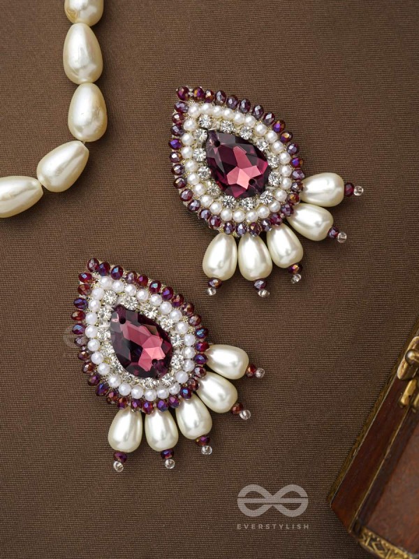 LAVANYA- THE GRACEFUL ONE- STONE, PEARLS, AND GLASS BEADS EMBROIDERED EARRINGS (ROSEWOOD RED)