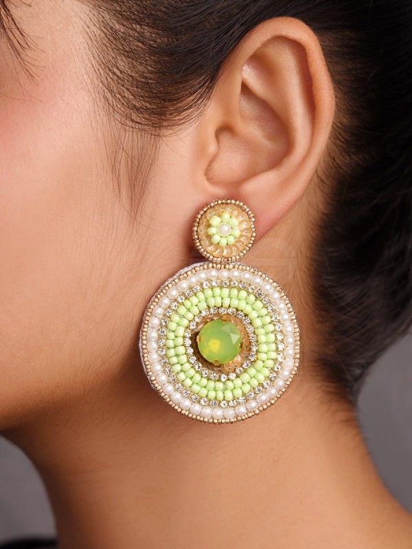 Adamya - The Indomitable Spirit - Stone, Sequins, And Beads Hand Embroidered Earrings (Lime Green)