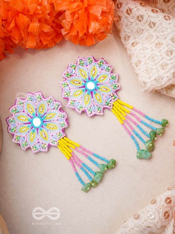 Vyoman- The Skies- Mirror , Resham , Beads and Sequins Embroidered Earrings (Multicoloured)