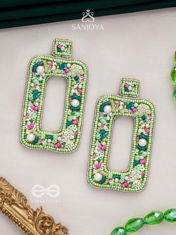 Aardratva - The Verdant - Sequins, Pearls And Beads Hand Embroidered Earrings (Lime Green)