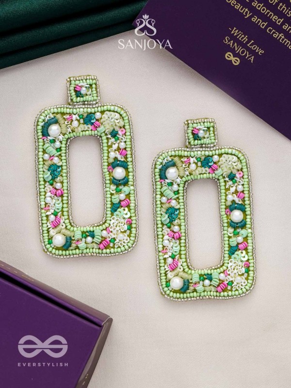Aardratva - The Verdant - Sequins, Pearls And Beads Hand Embroidered Earrings (Lime Green)
