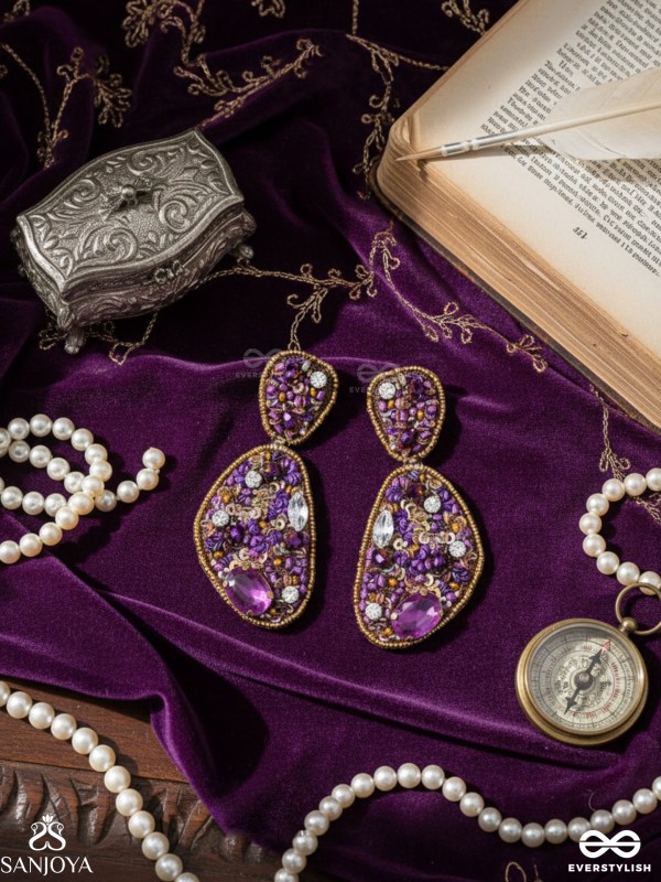  KARNIKAR- THE PURPLE FLOWER- STONE, SEQUINS AND BEADS EMBROIDERED EARRINGS (Violet & Fire Yellow)