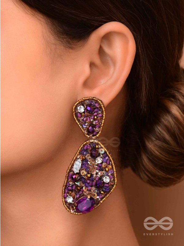  KARNIKAR- THE PURPLE FLOWER- STONE, SEQUINS AND BEADS EMBROIDERED EARRINGS (Violet & Fire Yellow)