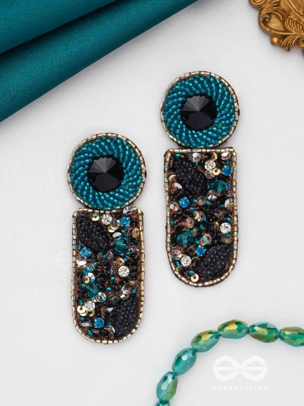 DRAVINAKA- THE FIERY- BEADS, SEQUINS AND STONE EMBROIDERED EARRINGS (Teal Blue & Midnight Black)