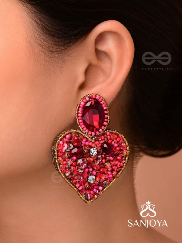  ANTASHTHA- THE HEART- STONES, SEQUINS AND BEADS EMBROIDERED EARRINGS (Crimson)