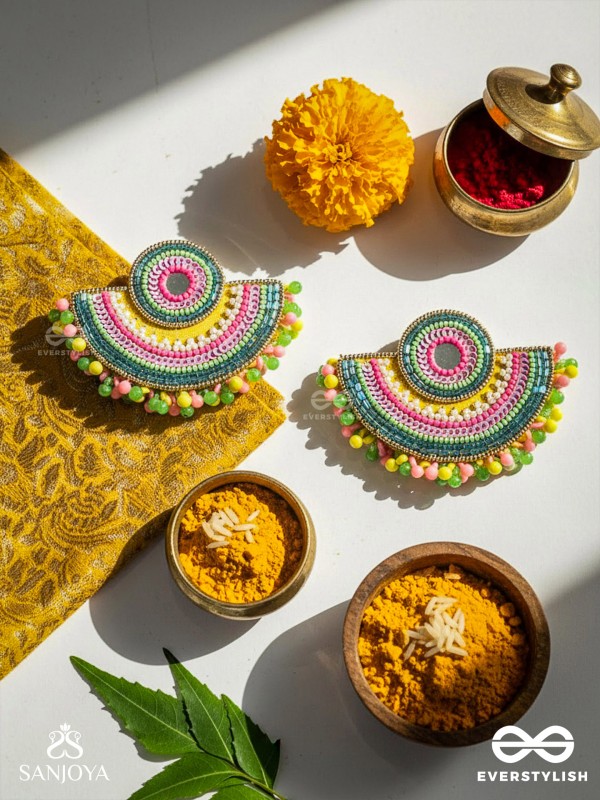 AARUNYA- THE FIRST SUNRAY- BEADS, SEQUINS AND MIRROR EMBROIDERED EARRINGS (MULTICOLOURED)