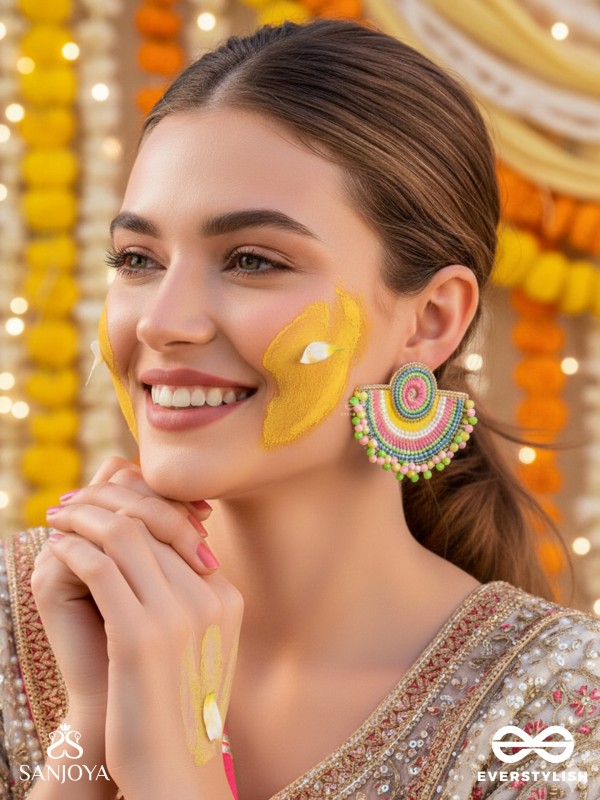 AARUNYA- THE FIRST SUNRAY- BEADS, SEQUINS AND MIRROR EMBROIDERED EARRINGS (MULTICOLOURED)