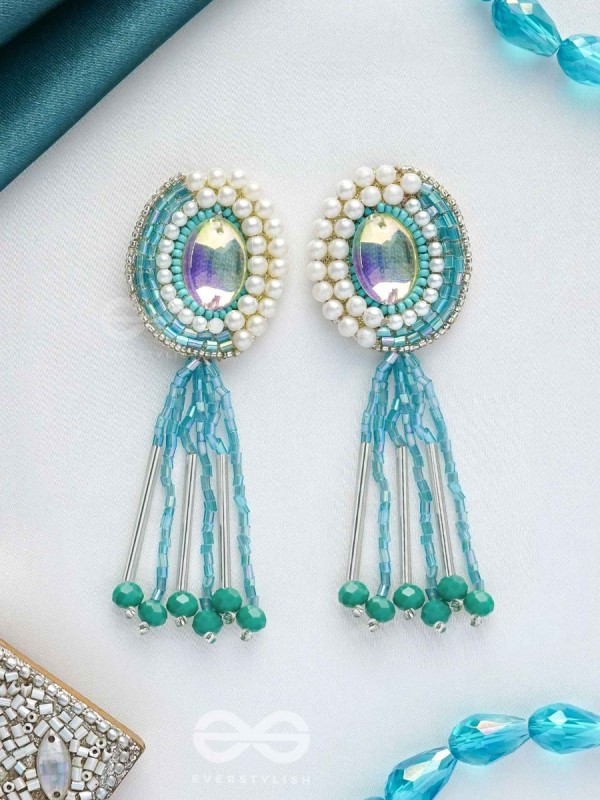 Mandalaka- The Majestic Mirror- Stone, Pearls and Beads Embroidered Earrings (Arctic Blue)