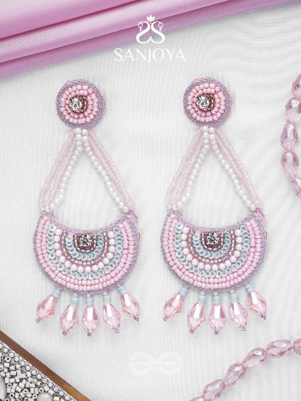 Utksiptika - The Glorious Crescent - Beads, Sequins And Glass Drops Hand Embroidered Earrings (Blush Pink & Mint Green)