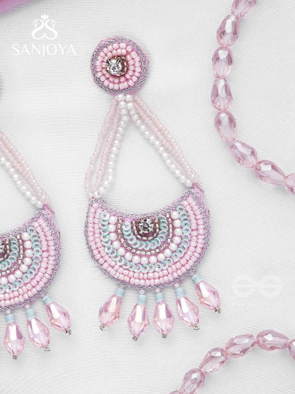 Utksiptika - The Glorious Crescent - Beads, Sequins And Glass Drops Hand Embroidered Earrings (Blush Pink & Mint Green)