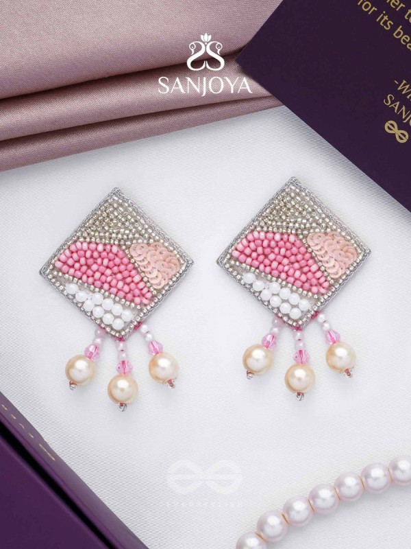 Chaturashra- The Charming Square- Beads and Pearls Embroidered Earrings (Blush & Fuchsia Pink)