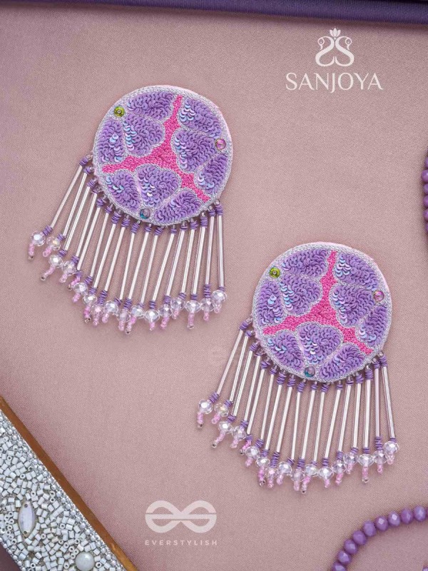 Misraka - The Garden Of Paradise - Sequins, Resham And Beads Hand Embroidered Earrings (Amethyst Purple & Fuchsia Pink)