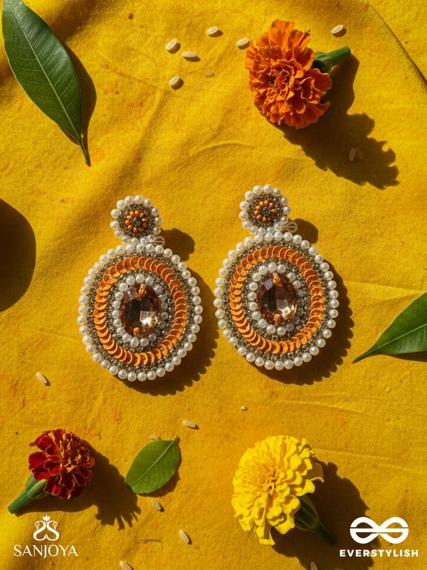 Vitanka - The Beautiful Ovals - Sequins, Stones And Beads Hand Embroidered Earrings (Carrot Orange)