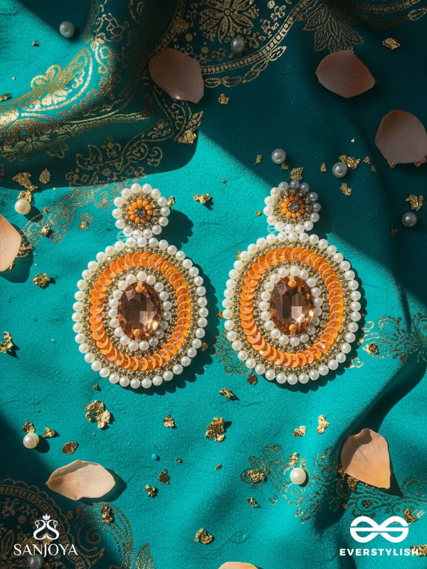 Vitanka - The Beautiful Ovals - Sequins, Stones And Beads Hand Embroidered Earrings (Carrot Orange)