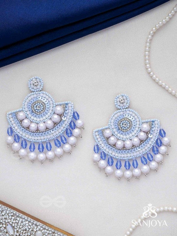Suramya- The Picturesque Crescent- Sequins, Glass Beads and Stone Embroidered Earrings (Cobalt Blue)