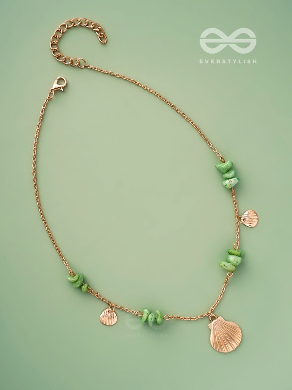 Shells N Pebbles- Golden And Olive Green Stone Necklace With Anti-Tarnish Coating 