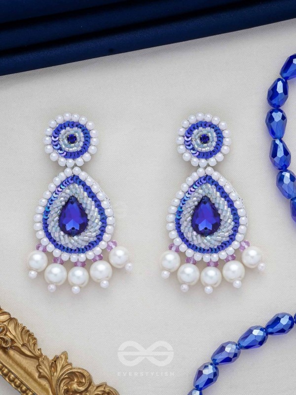 Parjanya - The Raindrop - Stone, Pearls And Beads Hand Embroidered Earrings (Cobalt Blue)