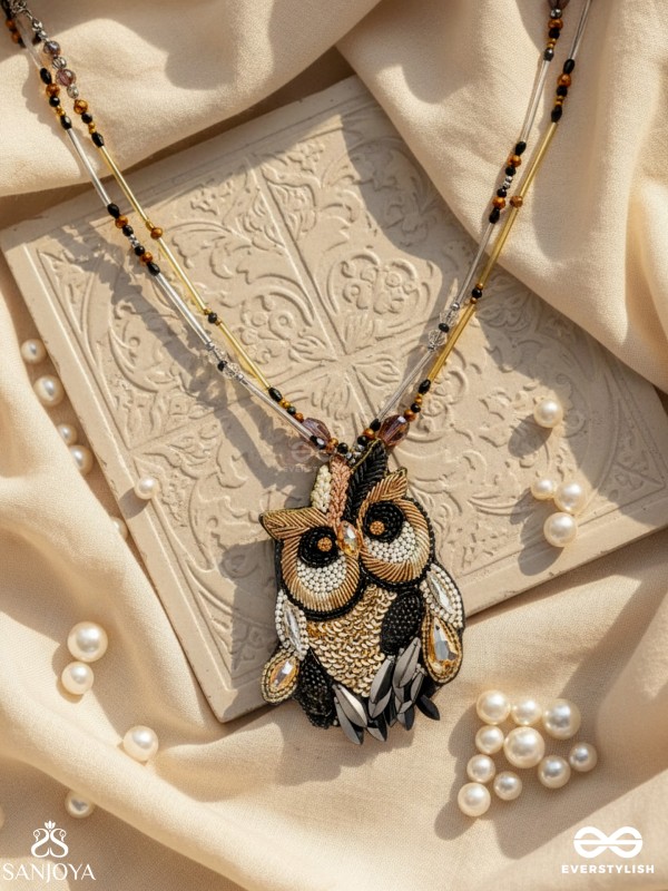 Shakuneya - The Owl King -  Sequins And Cutdana Hand Embroidered Necklace (Ebony Black And Golden)