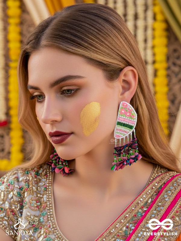 Unmish - The Budding Blossoms - Beads, Cutdana And Sequins Hand Embroidered Earrings