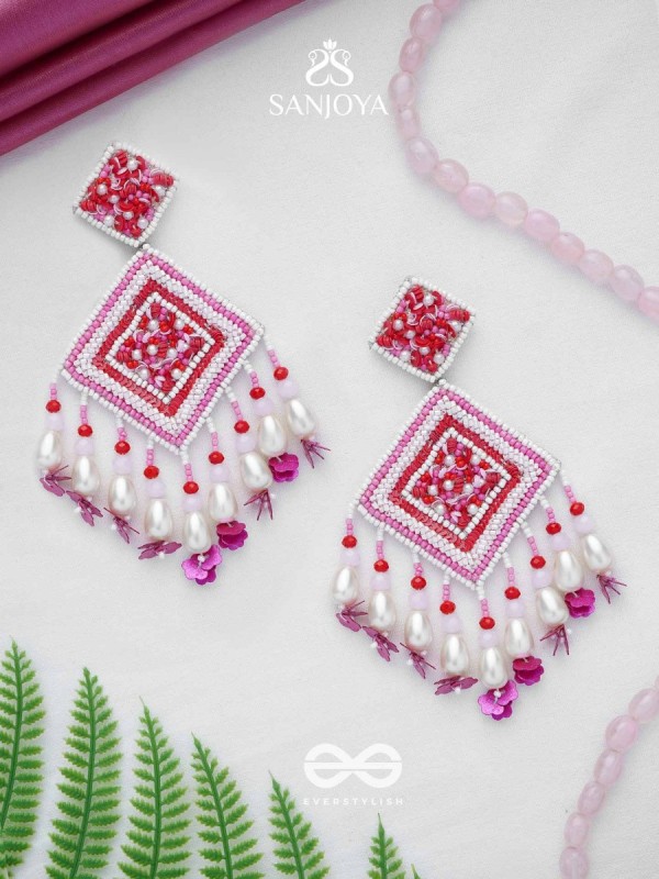 Odrakhya - The China Rose - Pearls, Beads And Sequins Hand Embroidered Earrings