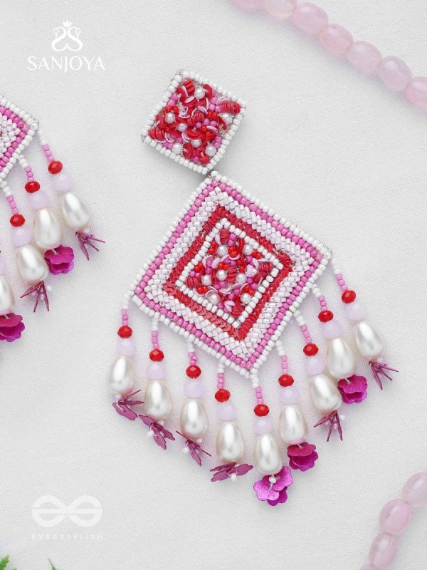 Odrakhya - The China Rose - Pearls, Beads And Sequins Hand Embroidered Earrings