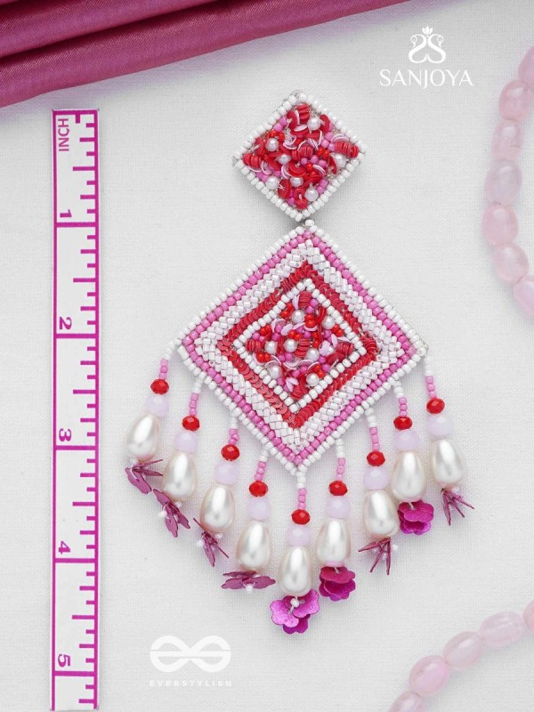 Odrakhya - The China Rose - Pearls, Beads And Sequins Hand Embroidered Earrings