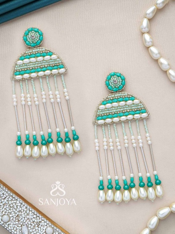 Kamsya- The Beautiful Bell- Swarovski, Pearls and Glass Beads Embroidered Earrings