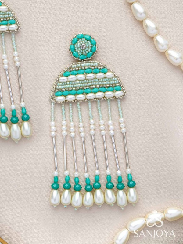 Kamsya- The Beautiful Bell- Swarovski, Pearls and Glass Beads Embroidered Earrings