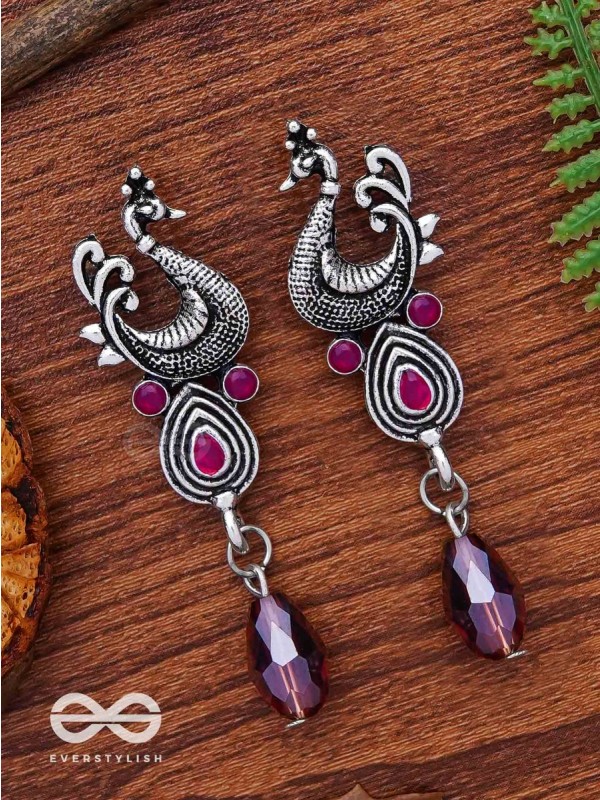 The Prancing Peacock- Embellished Oxidized Earrings (Magenta and Lavender) 